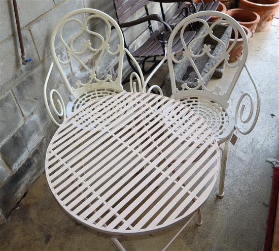 A folding garden table and two chairs, table width 67cm, height 67cm